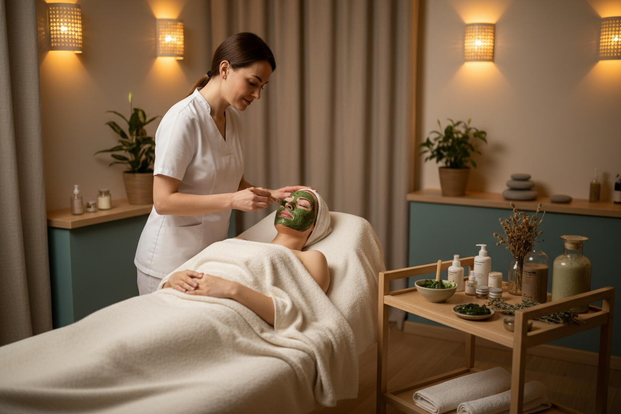 estheticienne en train de pratiquer un peeling aux algues